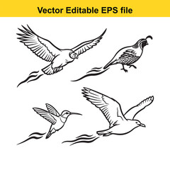Obraz premium vector illustration of four birds in flight on white background