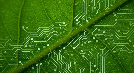 Green leaf with circuit board pattern overlay technology nature fusion