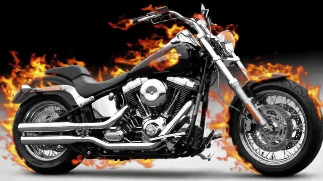 Sleek black motorcycle with chrome accents engulfed in fiery flames on a contrasting black and white background