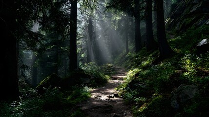 Obraz premium Sunbeams illuminate a forest path, creating a mystical atmosphere.