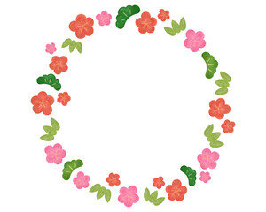 松竹梅 丸フレーム 水彩手描きイラスト お正月 日本 飾り枠