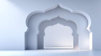 Fototapeta premium Elegant architectural design of a blank wall featuring a beautiful arched doorway with intricate patterns and soft lighting in a minimalist setting