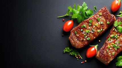 Juicy Grilled Steak Garnished with Fresh Herbs and Cherry Tomatoes on Dark Background, Perfect for Culinary Arts or Food Photography Projects