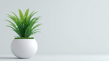 Lush green ornamental plant in a white round pot against a soft light gray background perfectly suited for modern interior design and home decor
