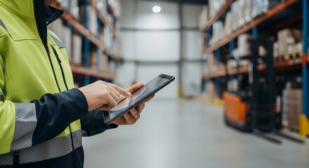 Person Using Tablet in Large Storage Warehouse For Inventory Management and Control