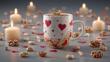 Fototapeta premium Heart decorated mug filled with cereal and nuts surrounded by candles and nuts.