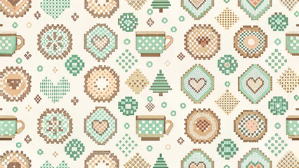 nordic fair isle seamless pattern featuring pixel-style coffee cups vector background 