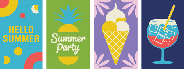 Hello summer party ice cream and refreshing drink with beach scenes for holiday vacation