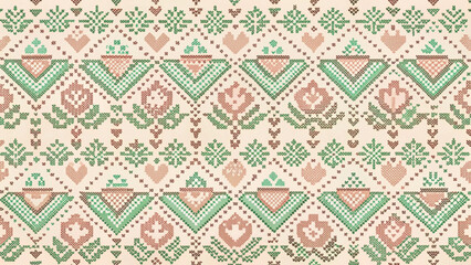 nordic fair isle seamless pattern featuring pixel-style coffee cups vector background 