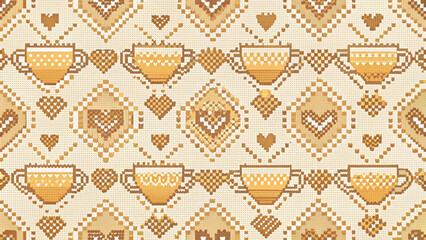 nordic fair isle seamless pattern featuring pixel-style coffee cups vector background 