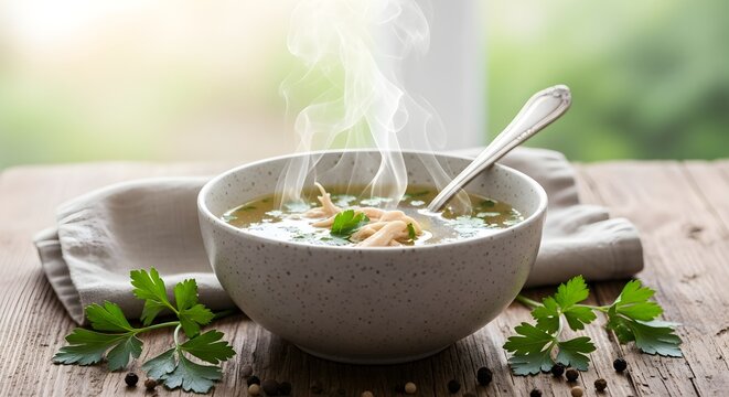 Bowl Of Homemade Chicken Soup with Fresh Herbs on a Wooden Table