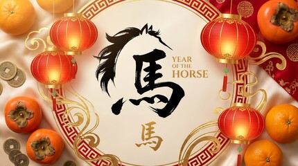 Chinese New Year Year of the Horse Celebration with Oranges and Lanterns.