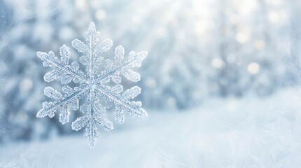 Close up of a single perfect snowflake falling in a winter wonderland with soft focus background.