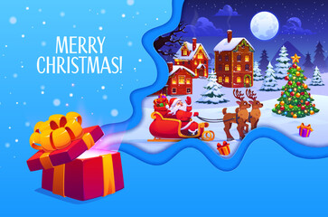 Christmas paper cut greeting card, Santa on sleigh with reindeer in winter town, cartoon vector. Merry Christmas winter holiday greeting with Santa carrying gifts on deer sleigh in snowy village © Seavector