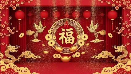Traditional Chinese New Year Festive Red and Gold Background with Auspicious 福 Character, Golden Dragons, Phoenixes, Lanterns, and Cherry Blossoms for Lunar New Year Celebrations and Prosperity