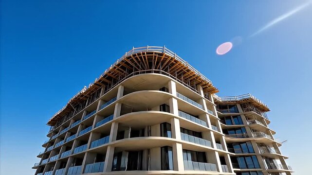 Massive concrete highrise building under construction against a brilliant blue sky showcasing modern architectural curves and development progress