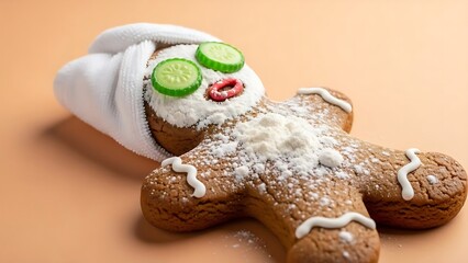 Gingerbread man cookie relaxing at a spa with cucumber eye mask and white towel