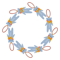 Vector illustration of a circular decorative frame made of hand drawn holiday elements. Festive and cozy wreath design perfect for Christmas and New Year cards, invitations, packaging, stickers.