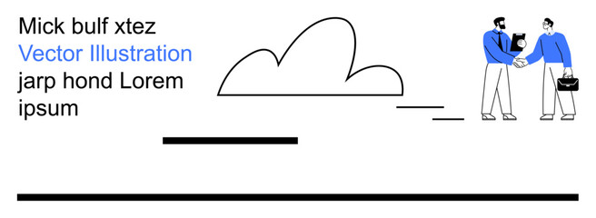 Business partnerships, teamwork, professional collaboration, networking, communication, and technology. Two businesspeople shake hands by a cloud design. Collaboration and networking concept