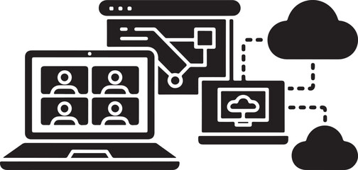 Cloud computing data network and remote work icons set on transparent background video call