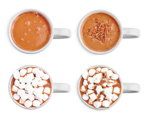 Tasty hot cocoa with marshmallows and chocolate shavings in cup isolated on white, collection. Top view