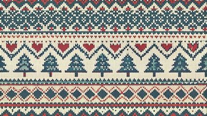 nordic fair isle seamless pattern with pixel-style christmas trees and hearts vector background 