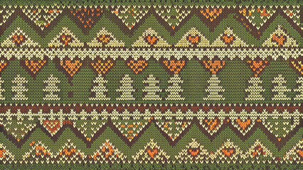 nordic fair isle seamless pattern with pixel-style christmas trees and hearts vector background 