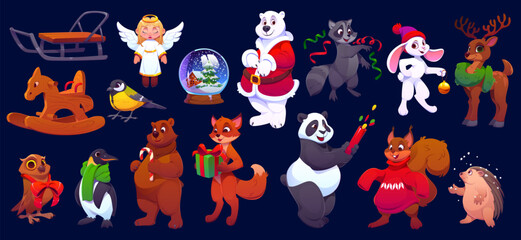 Cartoon Christmas animal characters and Xmas winter holiday gifts. Vector cute bear, fox, penguin and deer, funny owl, racoon, rabbit and panda animal and bird characters with Christmas gifts and hats © Seavector