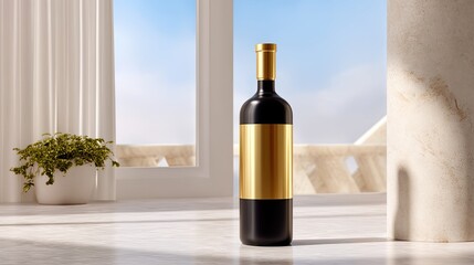 Elegant wine bottle with golden label positioned elegantly on a marble floor in a bright room with large windows showcasing a clear sky.