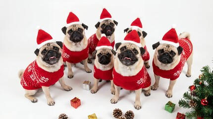 A Group of Adorable Pugs Dressed in Festive Christmas Outfits.