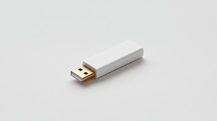 Minimalistic USB flash drive with white body and gold connector on plain background for technology, data storage, and digital storage concepts