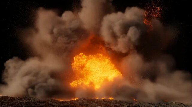 Powerful fiery explosion with smoke and debris on a dark background, a dynamic and destructive force.