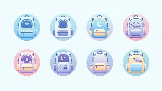 Collection of colorful space-themed backpack icons for education.