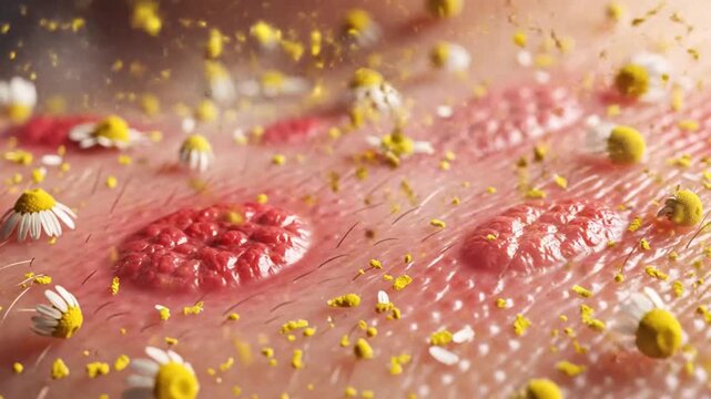 Extreme Close Up of Skin Irritation with Red Raised Bumps and Yellow Chamomile Particles Falling Gently Illustrating Allergy Relief or Treatment