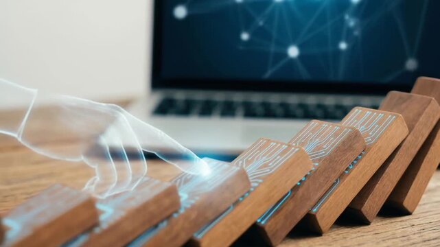 Ai hand digital domino agentic visual concept for innovation and business technology metaphor on wooden desk near laptop