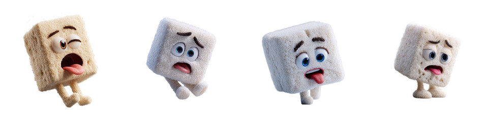 Four animated marshmallow characters showing different emotions