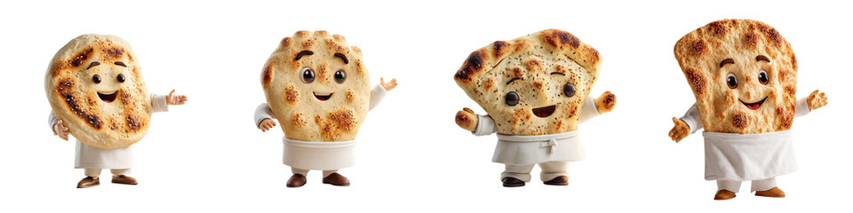 Four animated naan bread characters in various poses