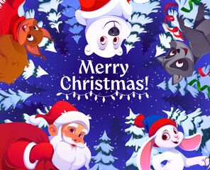 Merry Christmas greeting card with holiday characters arranged in circle around central text. Vector cartoon Santa with gift bag, raccoon, polar bear, rabbit, and squirrel. Winter greeting card