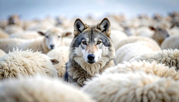 Surreal Illustration of a Wolf in Sheep&rsquo;s Clothing Symbolizing Betrayal, Manipulation, and False Appearance