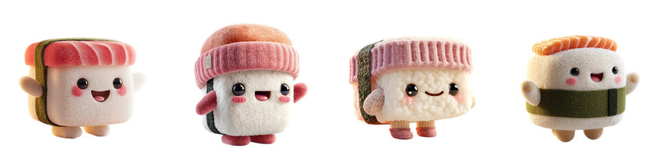 Cute sushi plush toys with different facial expressions and accessories