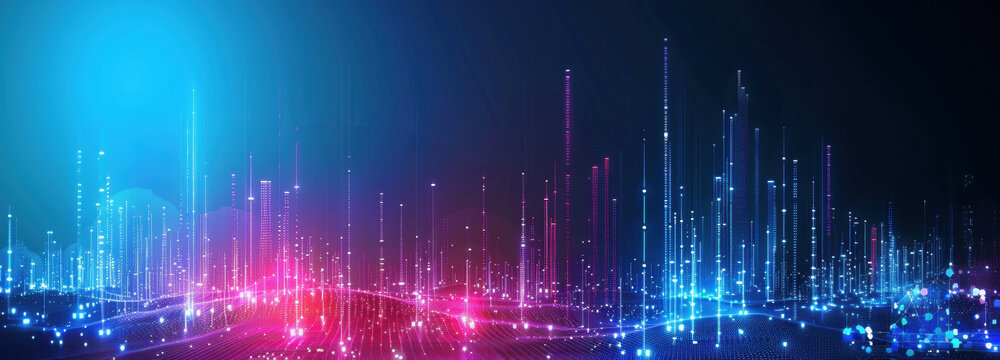 Data City: A vibrant, futuristic cityscape pulsates with energy, rendered in stunning detail. Neon lights illuminate the digital towers, showcasing a dynamic interplay of information flow - Powered by Adobe