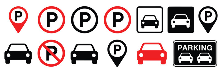Parking Icons and Symbols, a vector collection featuring parking and no-parking signs, ideal for maps, navigation apps, urban planning, and public safety design