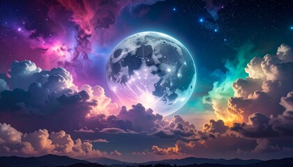 colorful moon rising behind iridescent clouds, unreal fantasy night sky