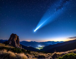 Bright Comet Traverses Deep Blue Night Sky Above Illuminated Valley