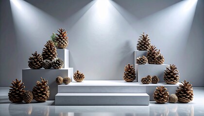 Pine Cones Displayed on Geometric Platforms with Dramatic Spot Lighting