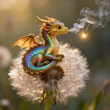 Enchanting dragon perched on a dandelion puff