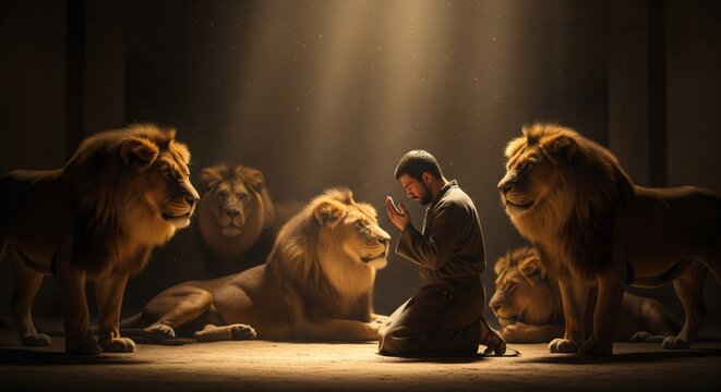 Prophet Daniel Praying Among Lions, Bible Story Concept
