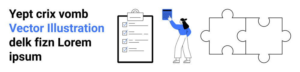 Project planning, productivity tools, teamwork, problem-solving, goal setting, organization. Woman interacting with checklist and puzzle pieces. Project planning and productivity tools concept