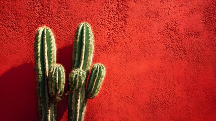 Vibrant Red Wall With Tall Green Cactus Plant.