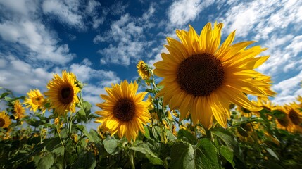 Obraz premium Vibrant Sunflowers Blooming Under a Dramatic Cloudy Sky.